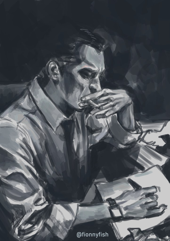 A study of a man from a three-quarter view. He’s seated at a desk, smoking and writing down something with a pen.