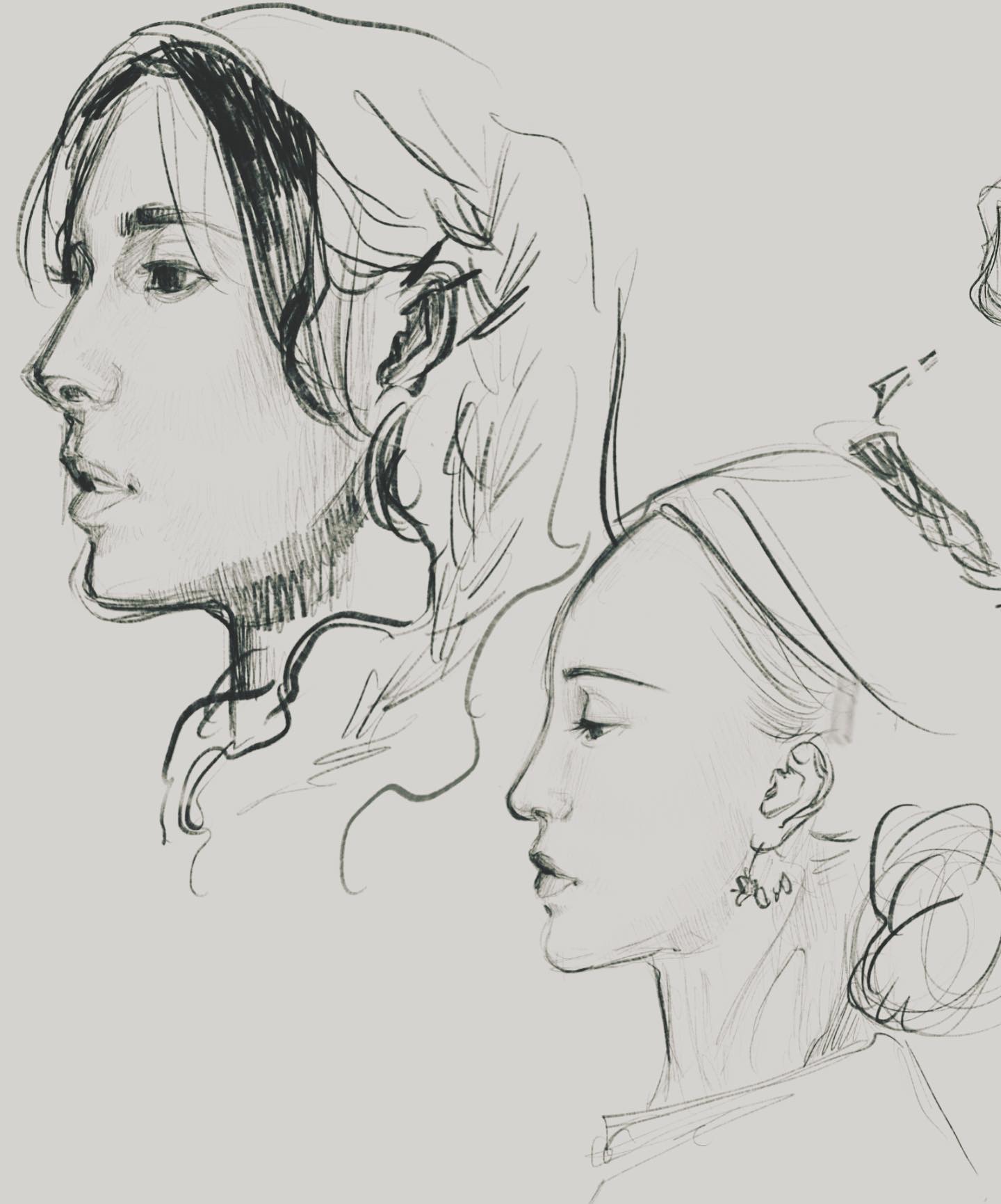 Digital pencil sketch of a model, and of Zhou Xun, in costume from the drama Ruyi Zhuan
