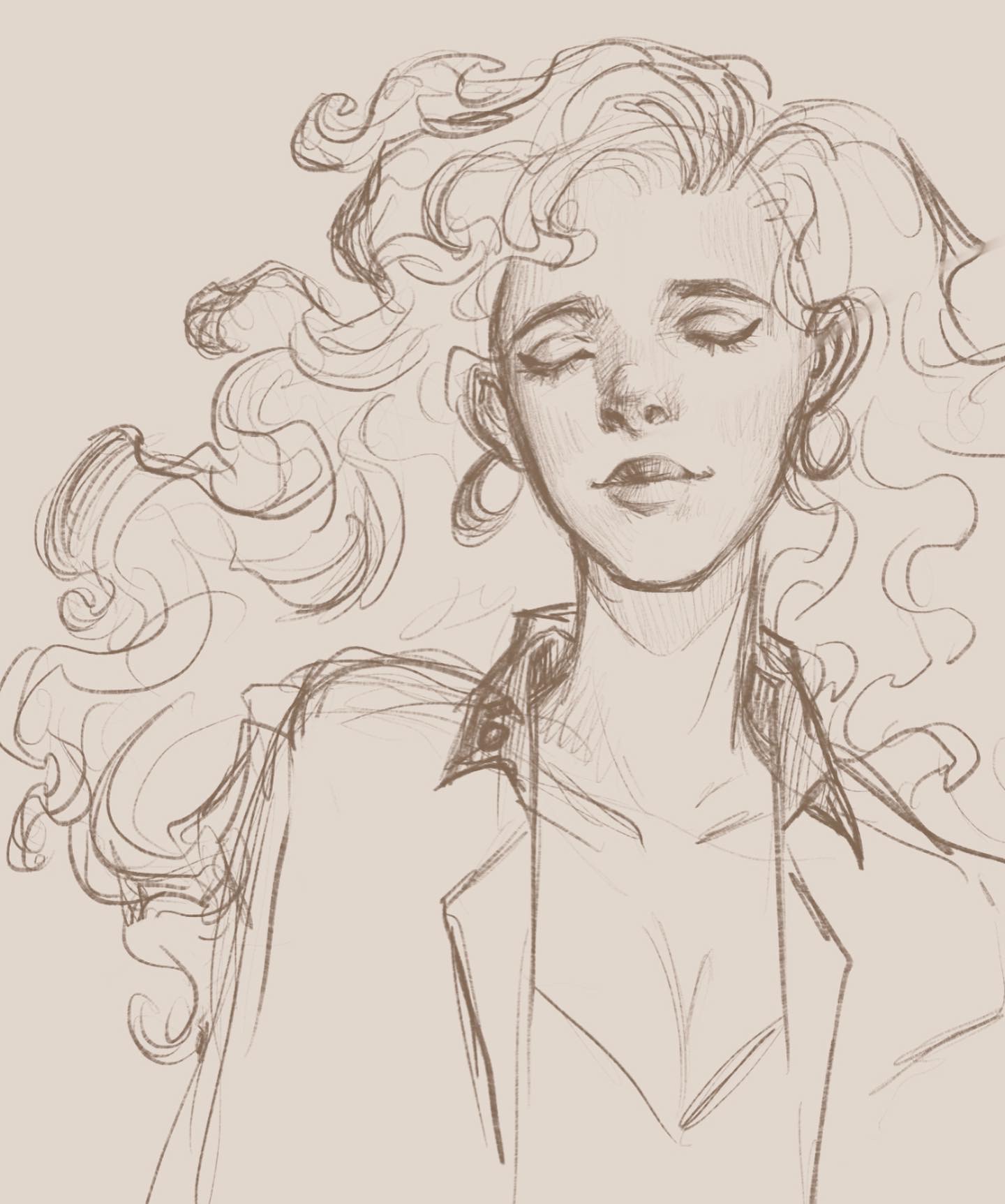 Digital pencil sketch of a woman with very fluffy hair
