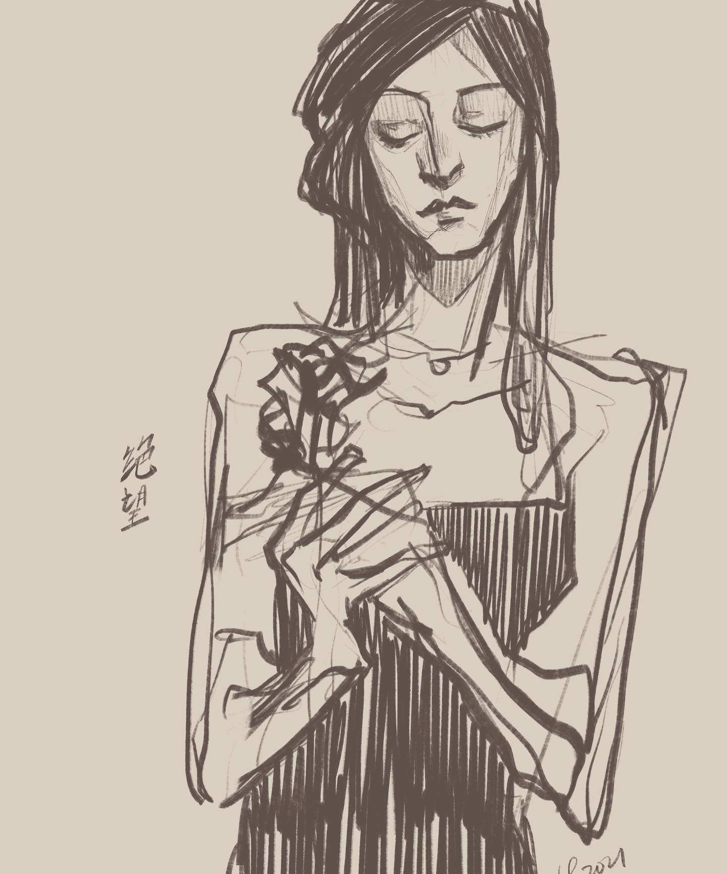 A digital pencil sketch of a woman with sharp lines holding a flower