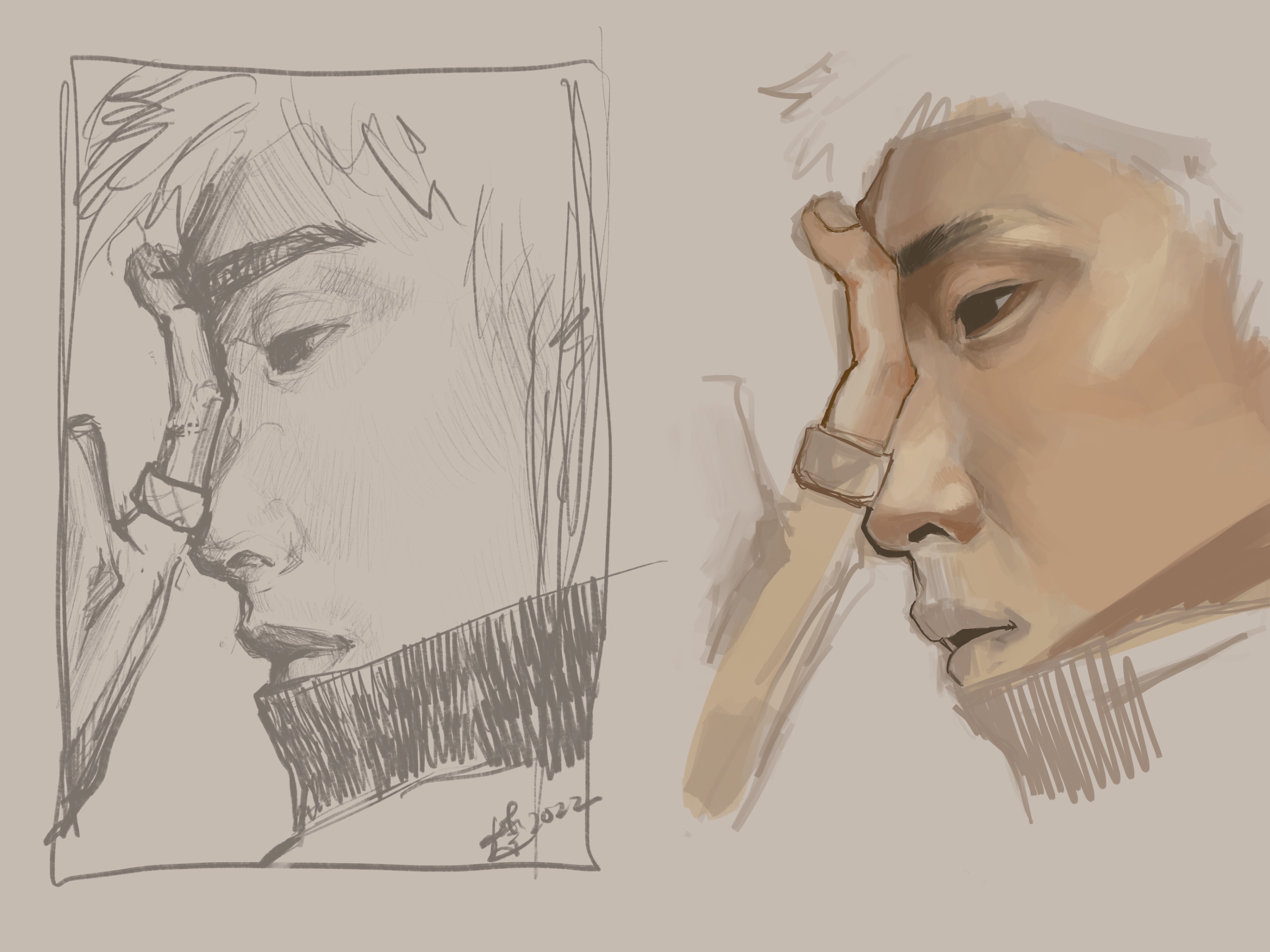Digital studies of a male-presenting east asian model, in pencil and in colour. 